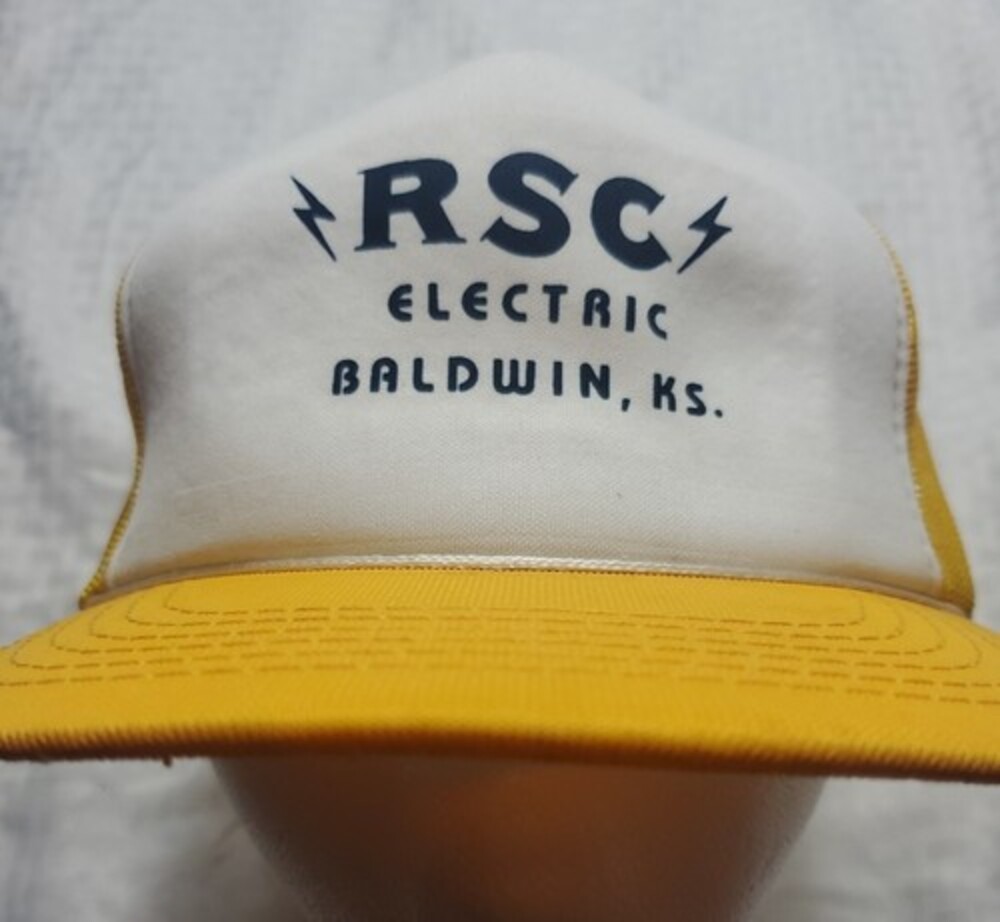 Vintage rope Mesh Snapback Trucker Hat yellow RSC Electrical Baldwin Kansas